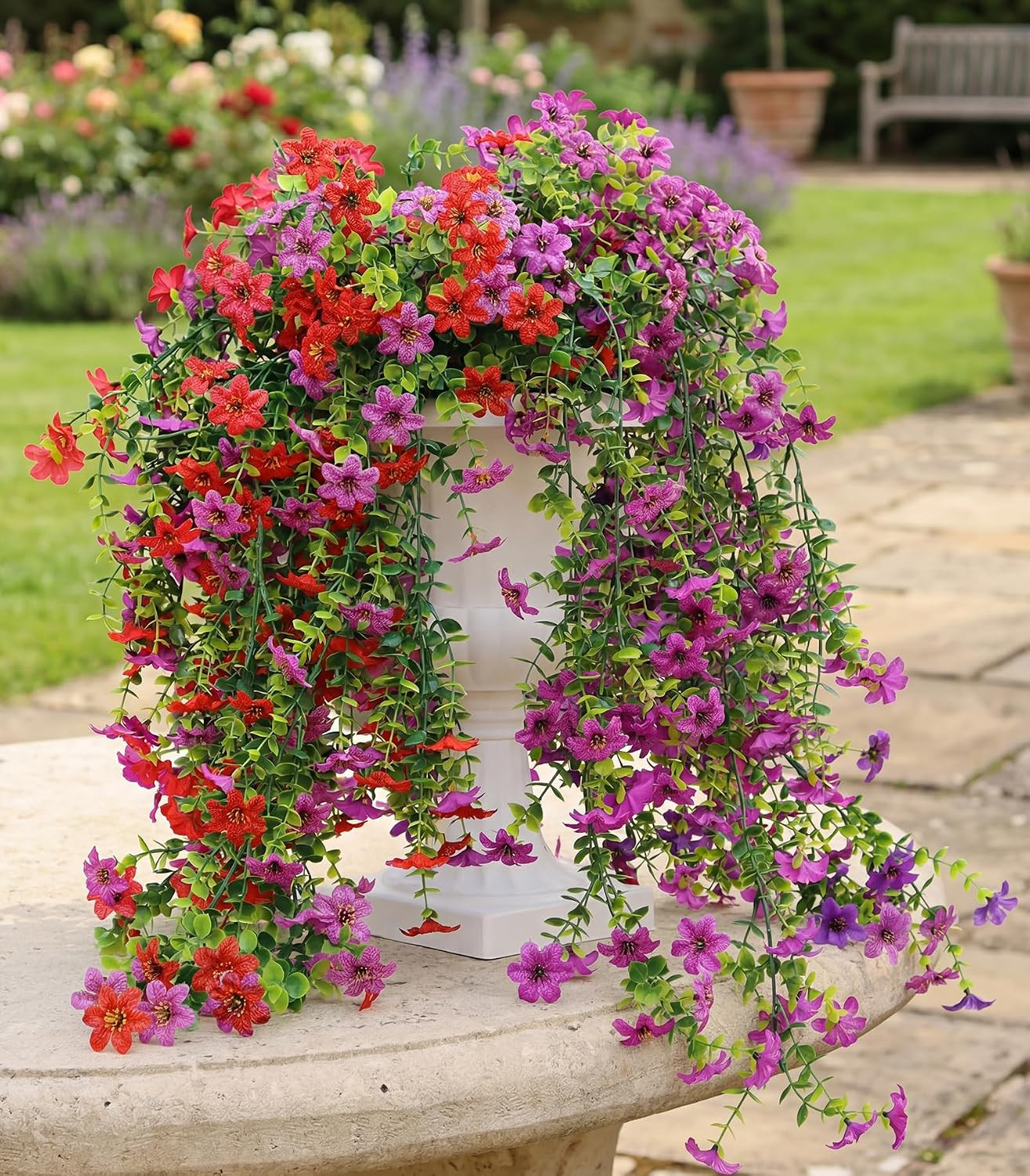 Artificial Hanging Flowers for Outdoors, 4 Pack Fake Hanging Plant for Spring Su