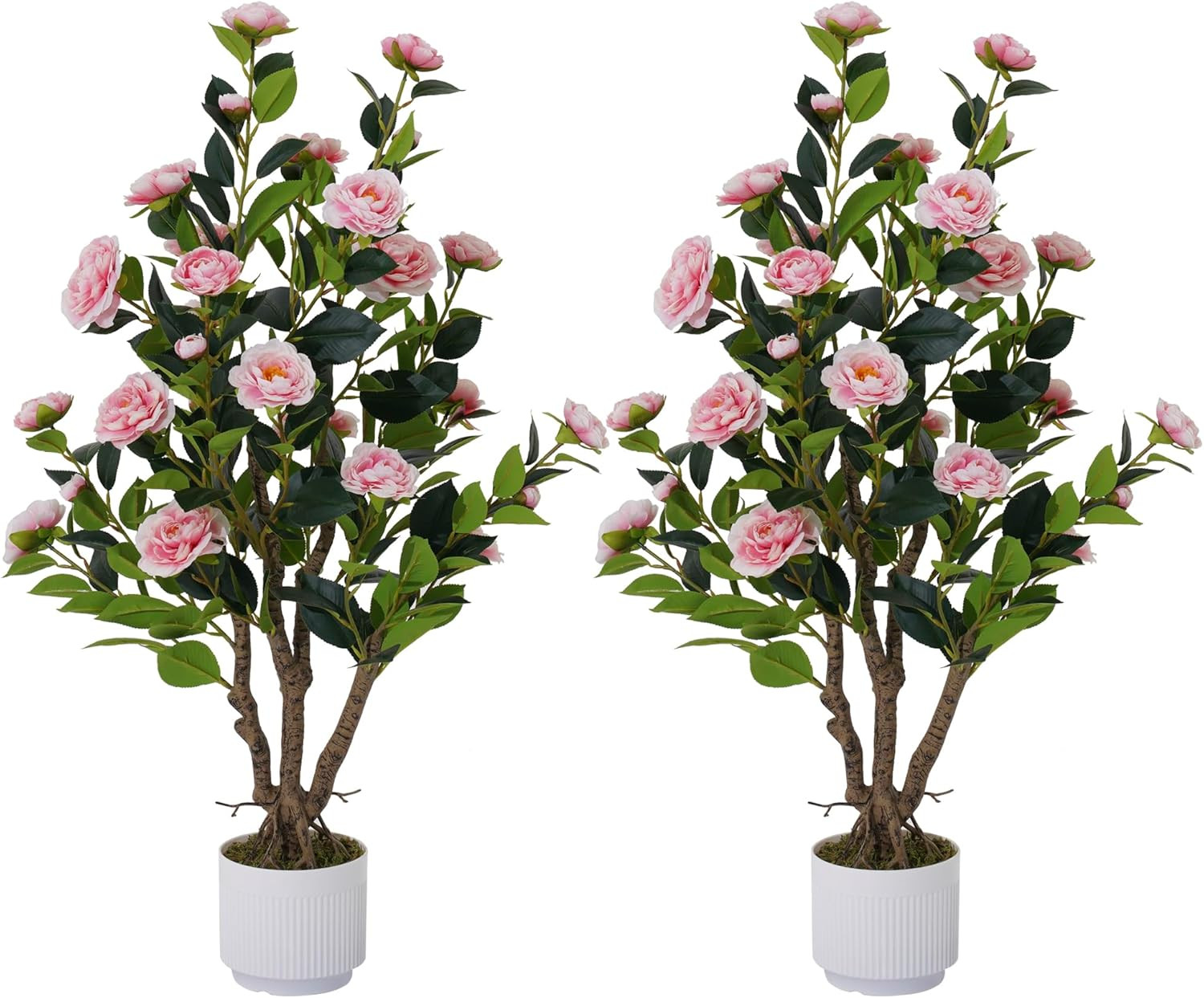 2 Pack 38″ Artificial Camellia Trees in White Pots for Home & Garden Decor