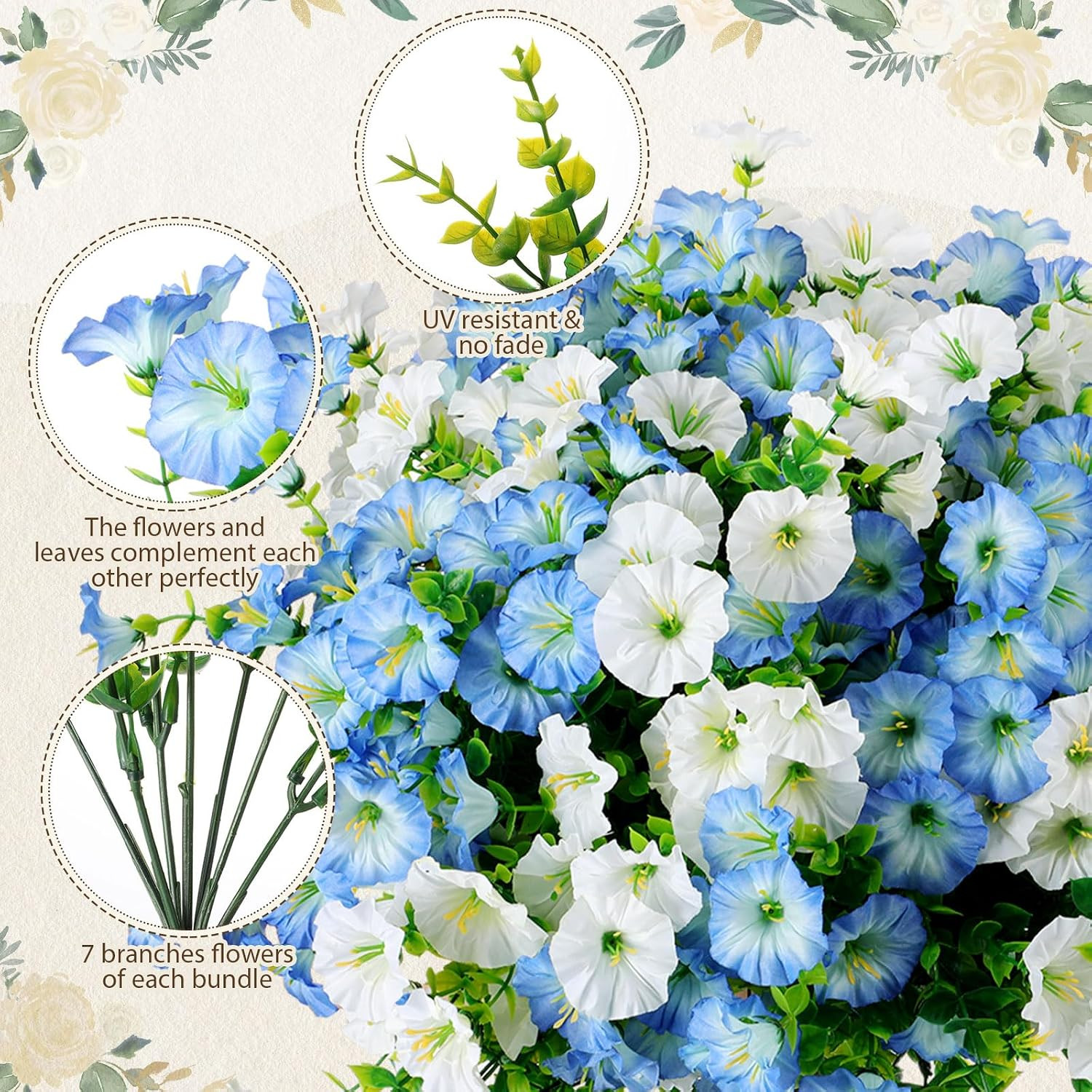 20 Bundles UV Resistant Faux Morning Glory & Eucalyptus for Outdoor Decor