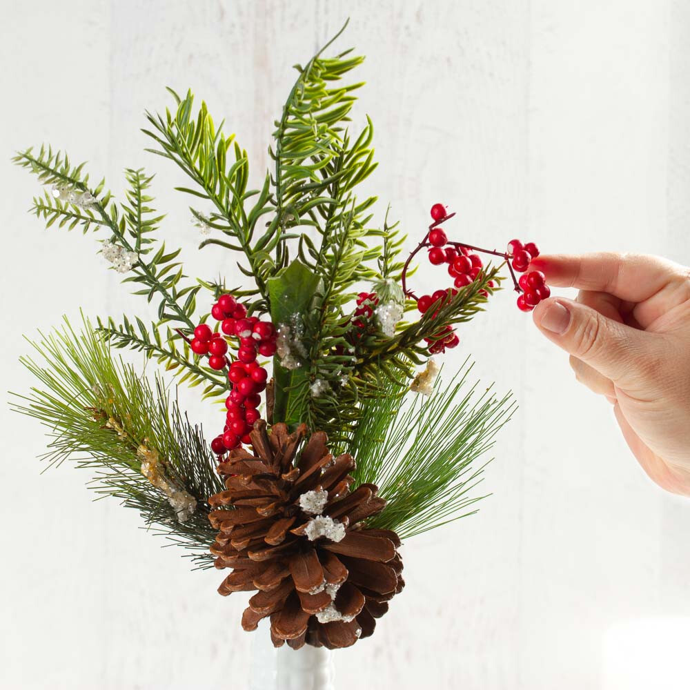Lot of 2 Artificial Snowy Pine 16″ Spray with Berries and Pinecone