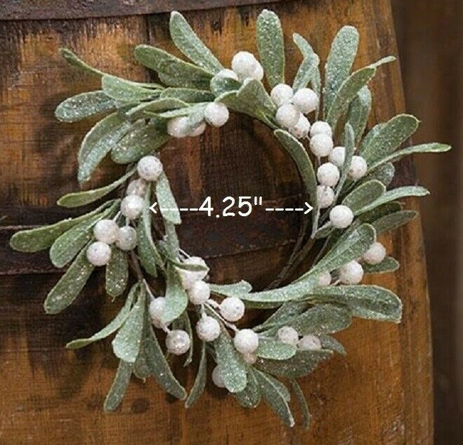 NEW Glittered MISTLETOE Candle Ring White Berries Buds 4.25″ Opening Christmas