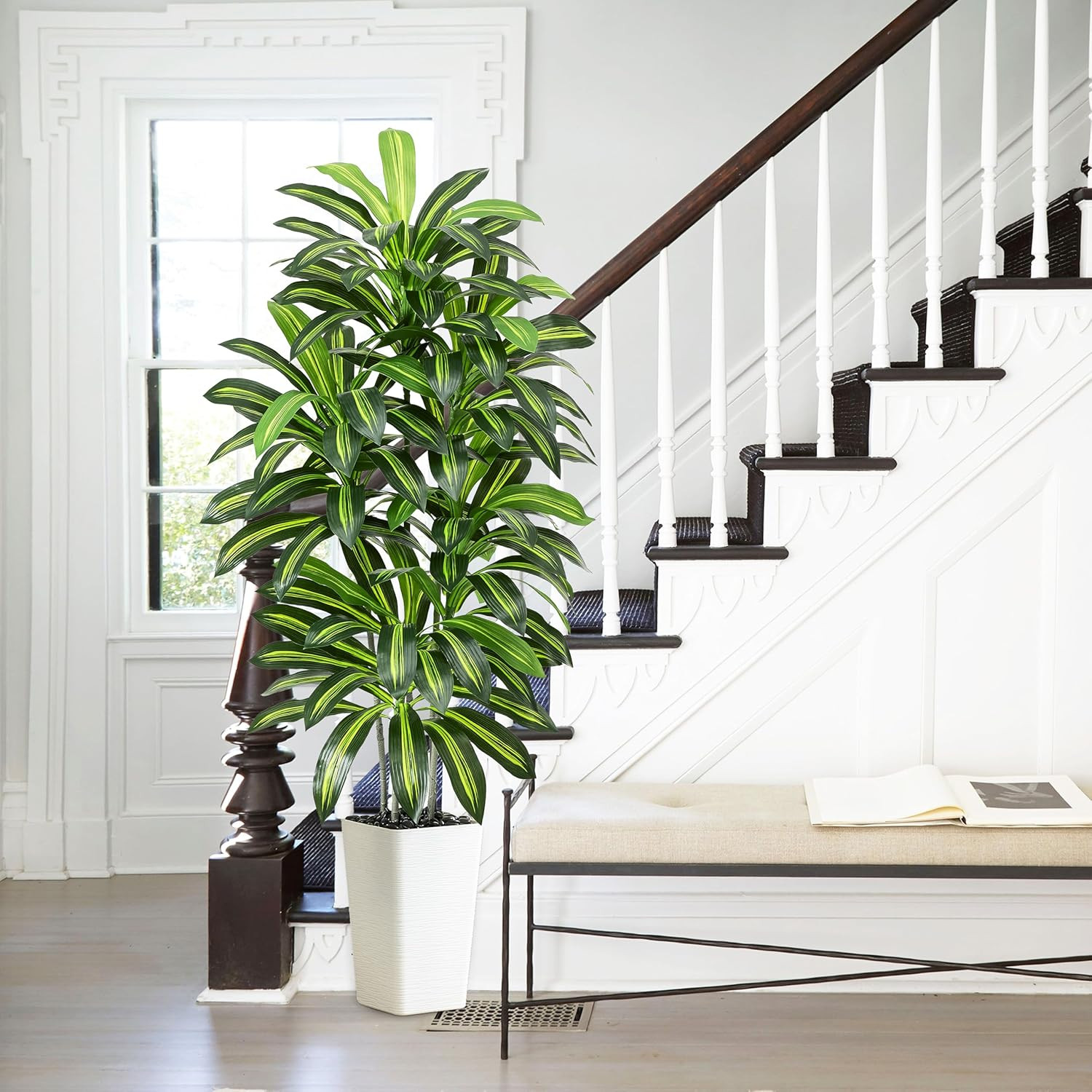 Artificial Dracaena Tree – 6FT Tall Fake Plants with White Tall Planter – Artifi