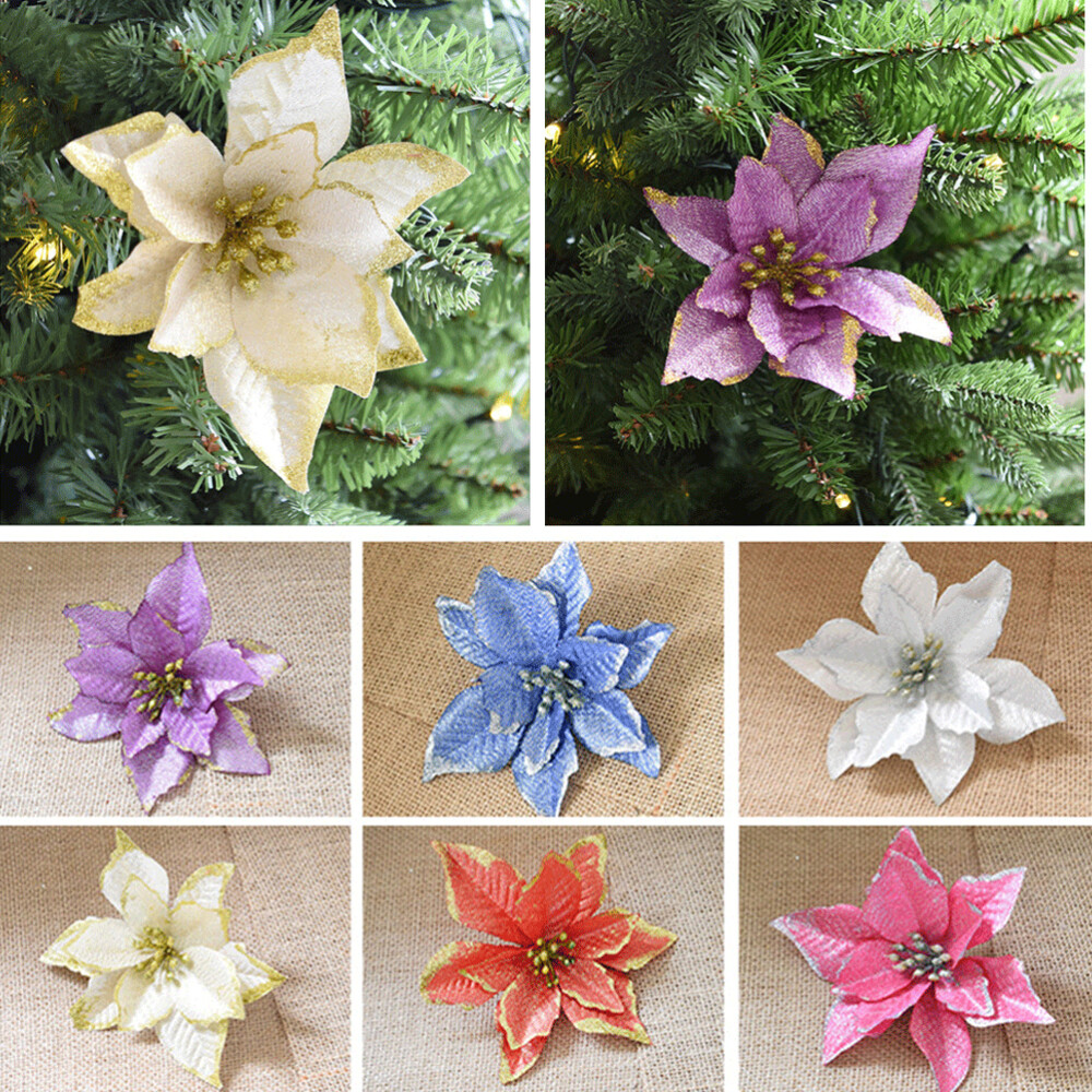 8 Sets Christmas Tree Wreaths Decor Poinsettia Glitter Flower Gold Bow Clip On