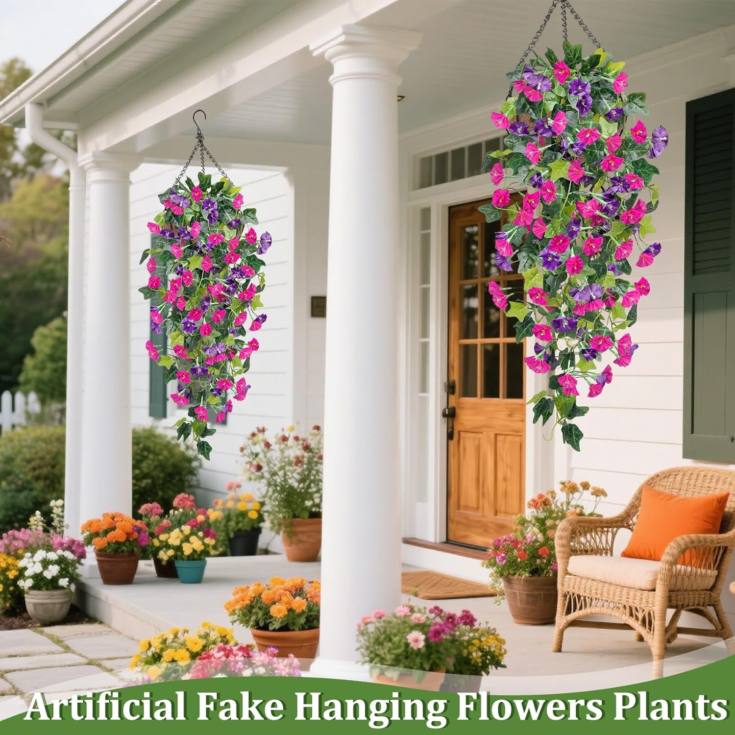 Artificial Fake Hanging Flowers Plants, Faux Silk Morning Glory with Ivy Vines,