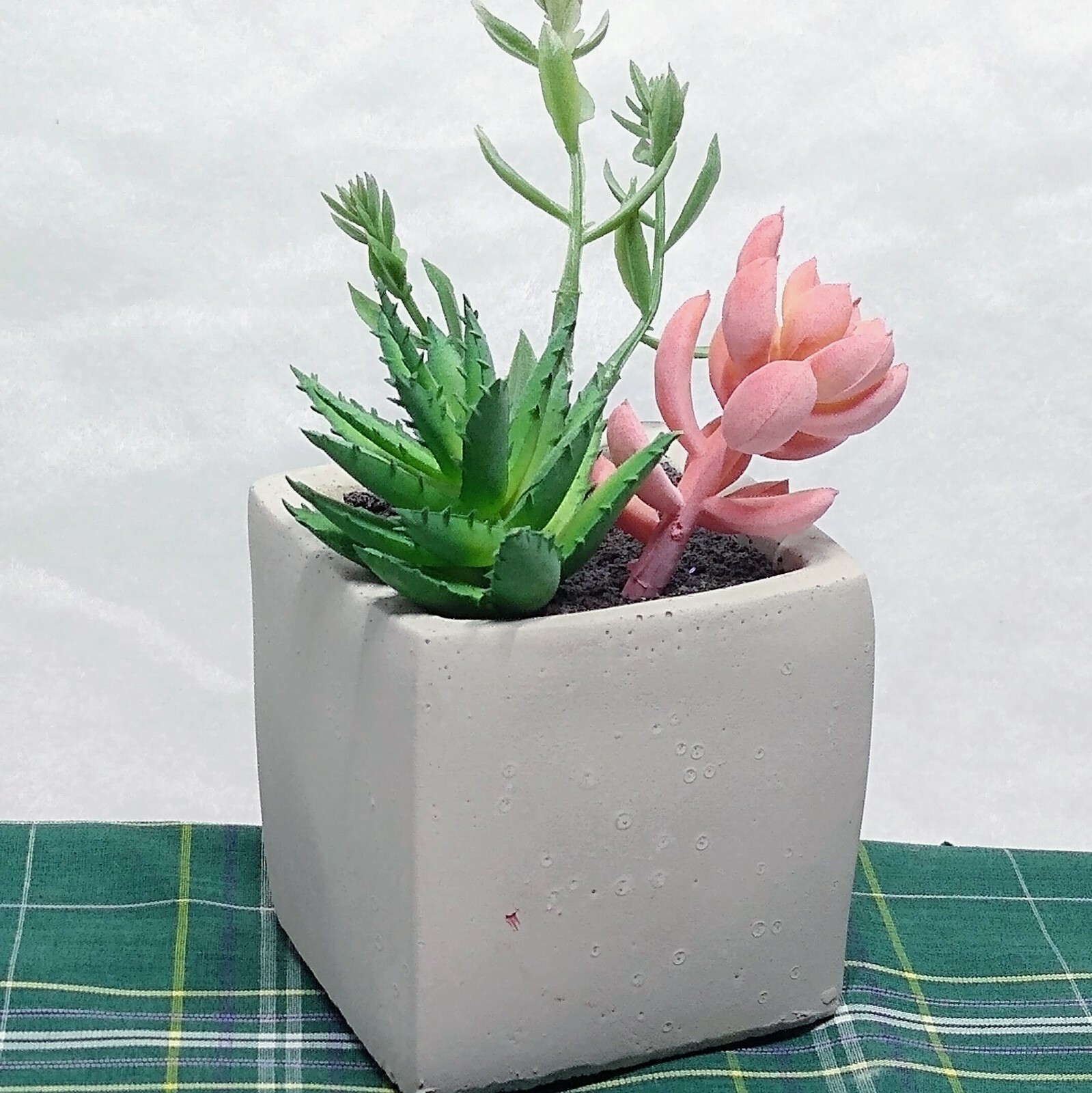 🌼 4.25″ & “5” Artificial Echeveria & Sedum Succulents in Cement Pots – Set of 2