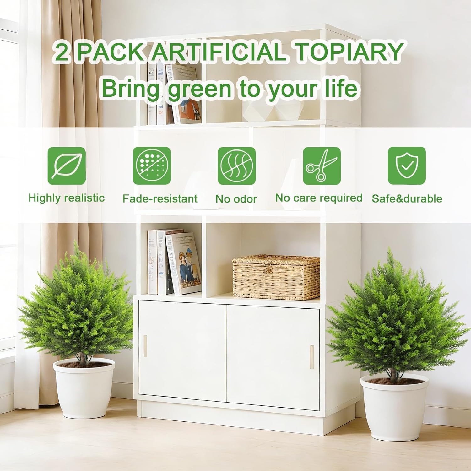 2 Set Artificial Cedar Topiary Ball Trees with Spike, 24″ UV Resistant Fake E…