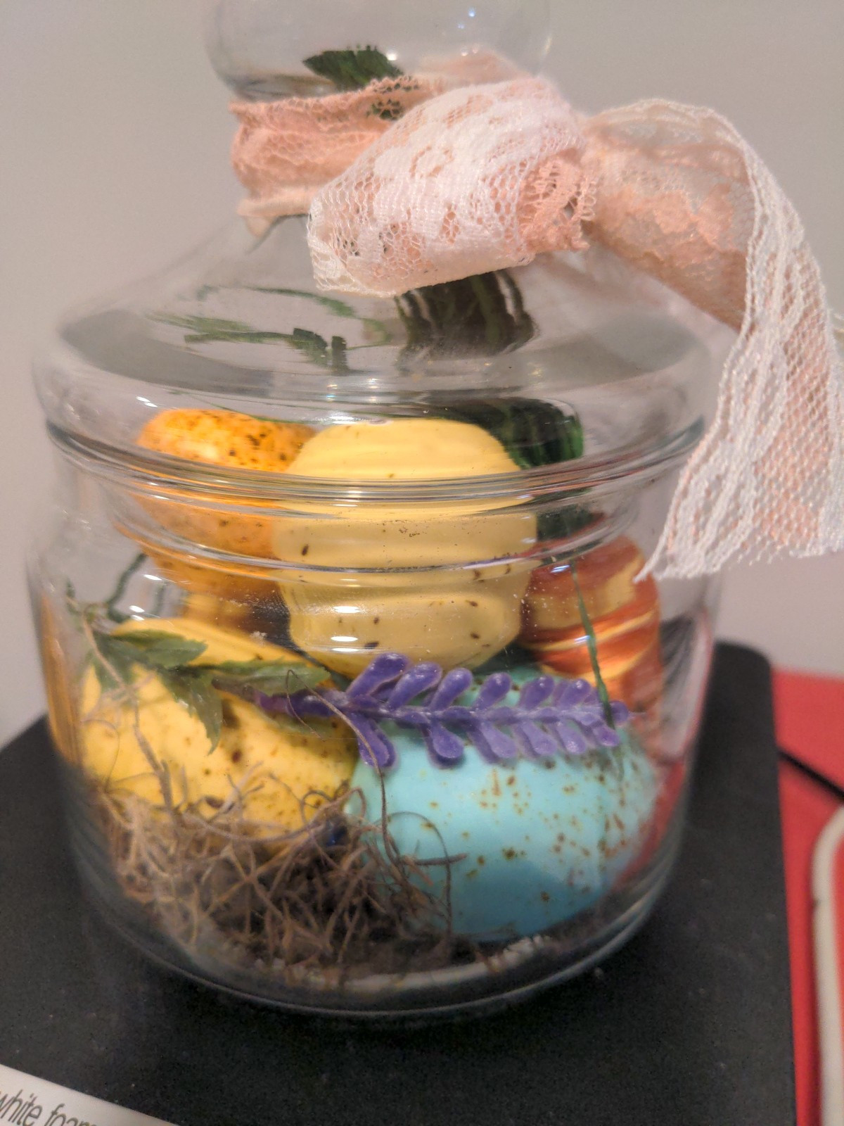 Clear Glass Apothecary Jar~Repurposed~Easter Decor~Eggs Carrot Lavender