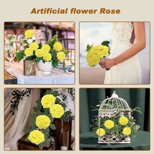 Artificial Flowers Yellow Realistic Roses Latex Foam 100pcs 3 Inch Head 7 Inch
