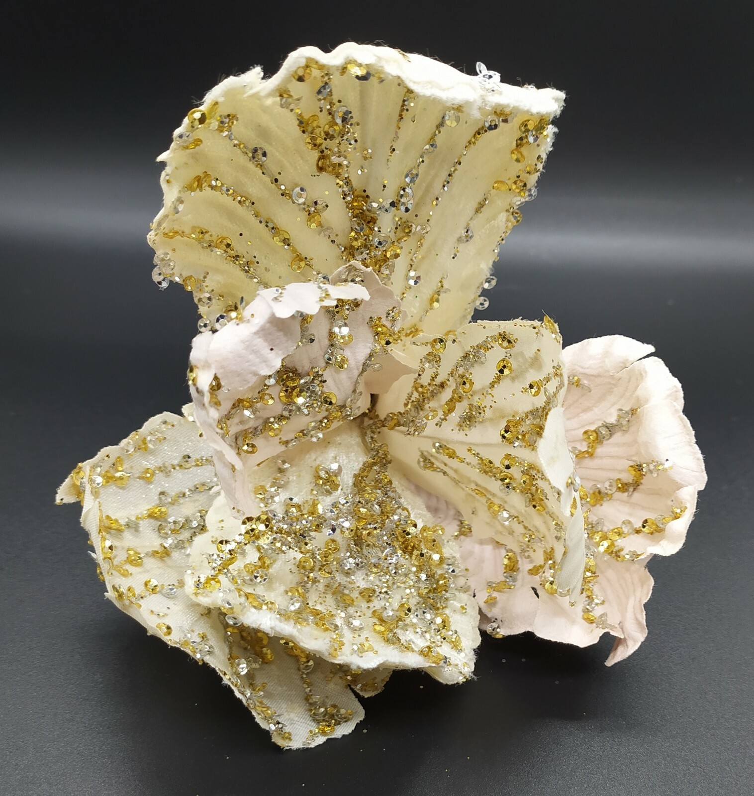 F011 Cream Hibiscus Glittered Clip On Christmas Decoration Artificial Flower