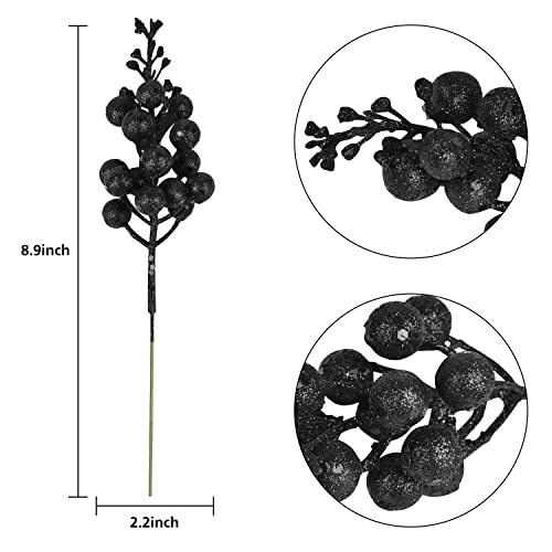 16pcs Christmas Glitter Berry Stems, 7.8″ Artificial Christmas Picks for Black