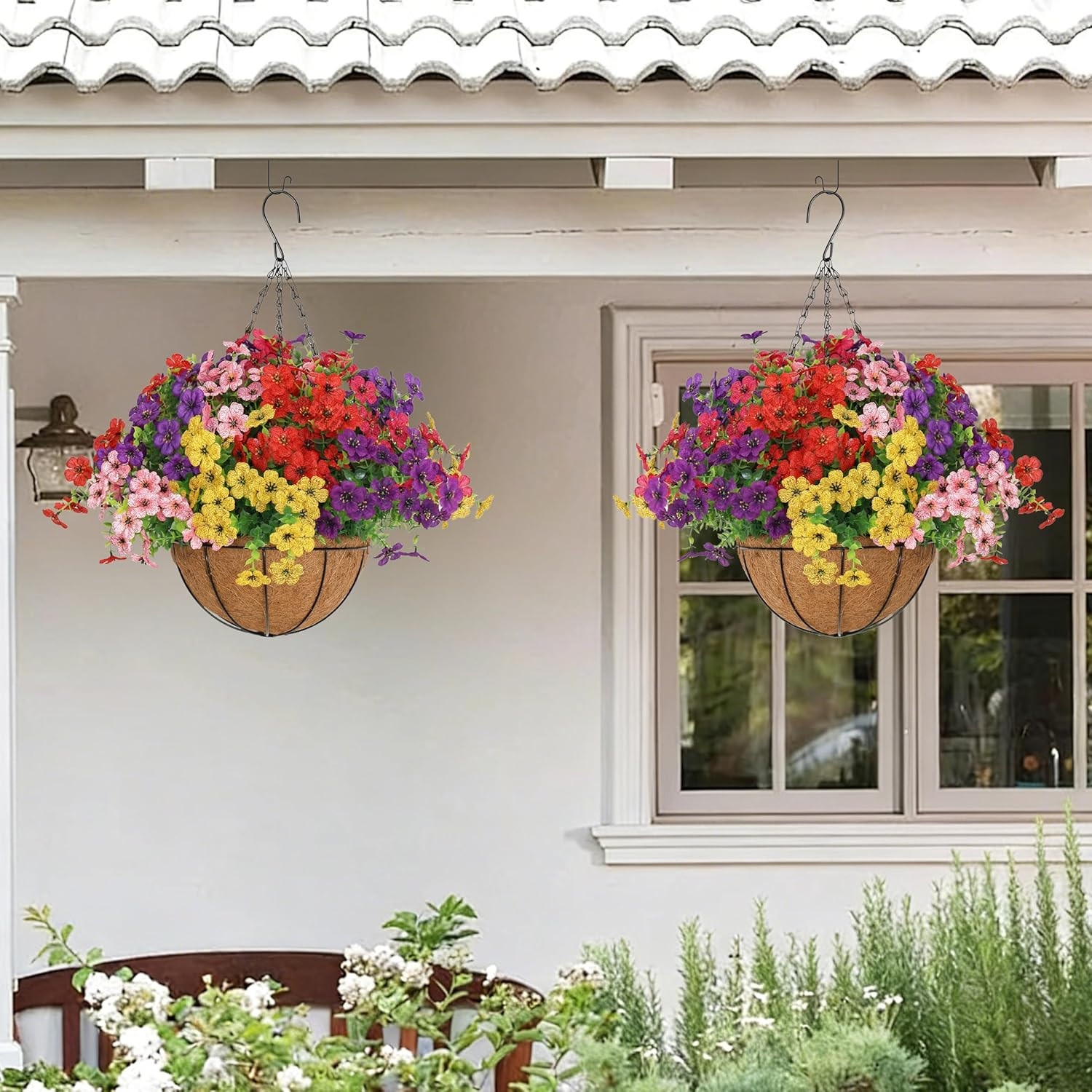 2 Set Artificial Hanging Flowers with Basket for Outdoor Decor, UV Resistant 24