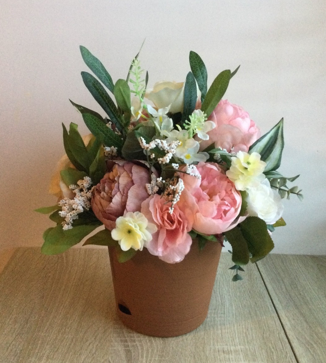 Faux Floral Arrangement in Plastic Pot 14″ Peony Rose Dahlia Pink Peach White