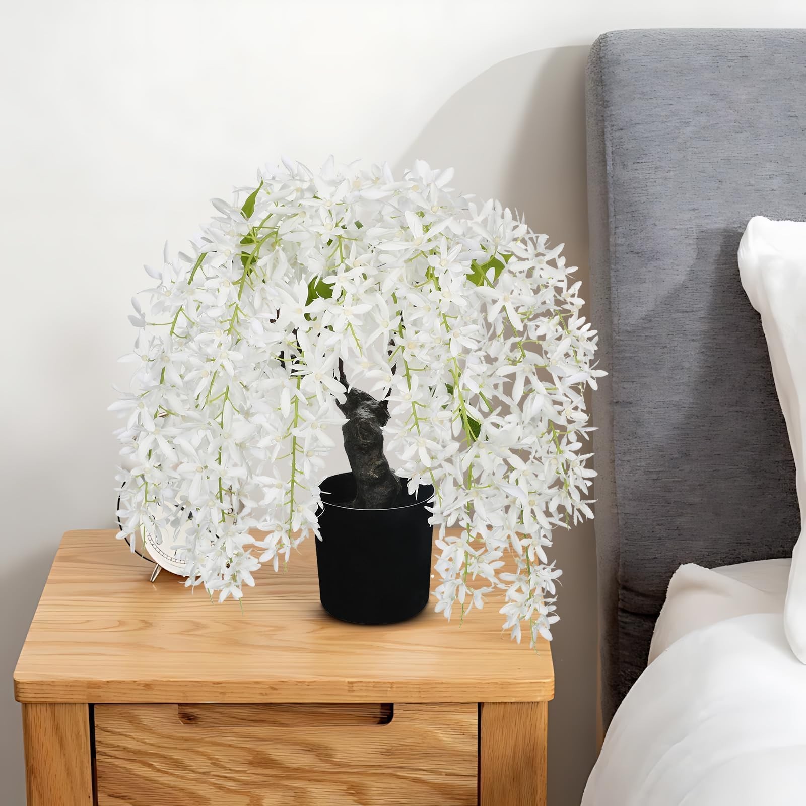 Artificial White Flower Tree 13.8″ Tall with Silk Wisteria 8in, White-13.8