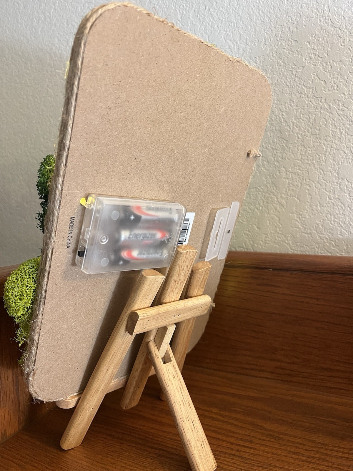 Wood Moss Art Decor w/ Floral Accents LED Lights on Wooden Easel Stand