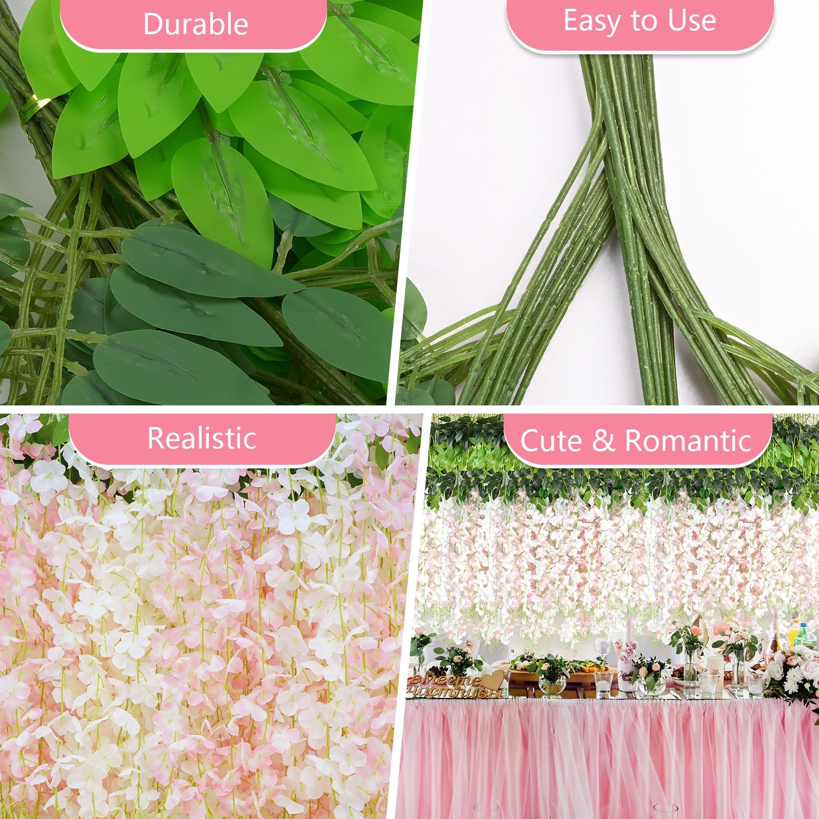 48Pcs Artificial Wisteria Hanging Flowers, 3.6Ft/Pcs White & Pink Fake Wister…