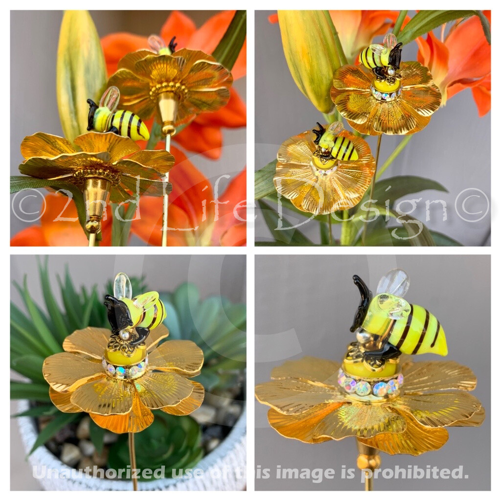 Glass Honey/Bumble Bee Gold Flower Decor Plant Stake/Spike Exquisite US HANDMADE