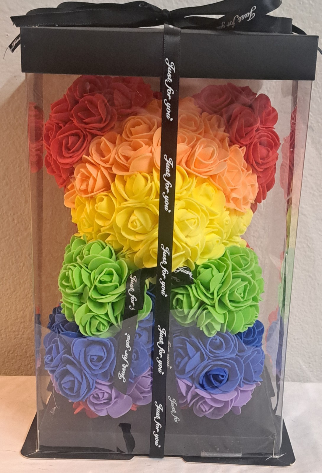 Rainbow Rose Teddy Bear Artificial Flower Bear Gift in Display Box
