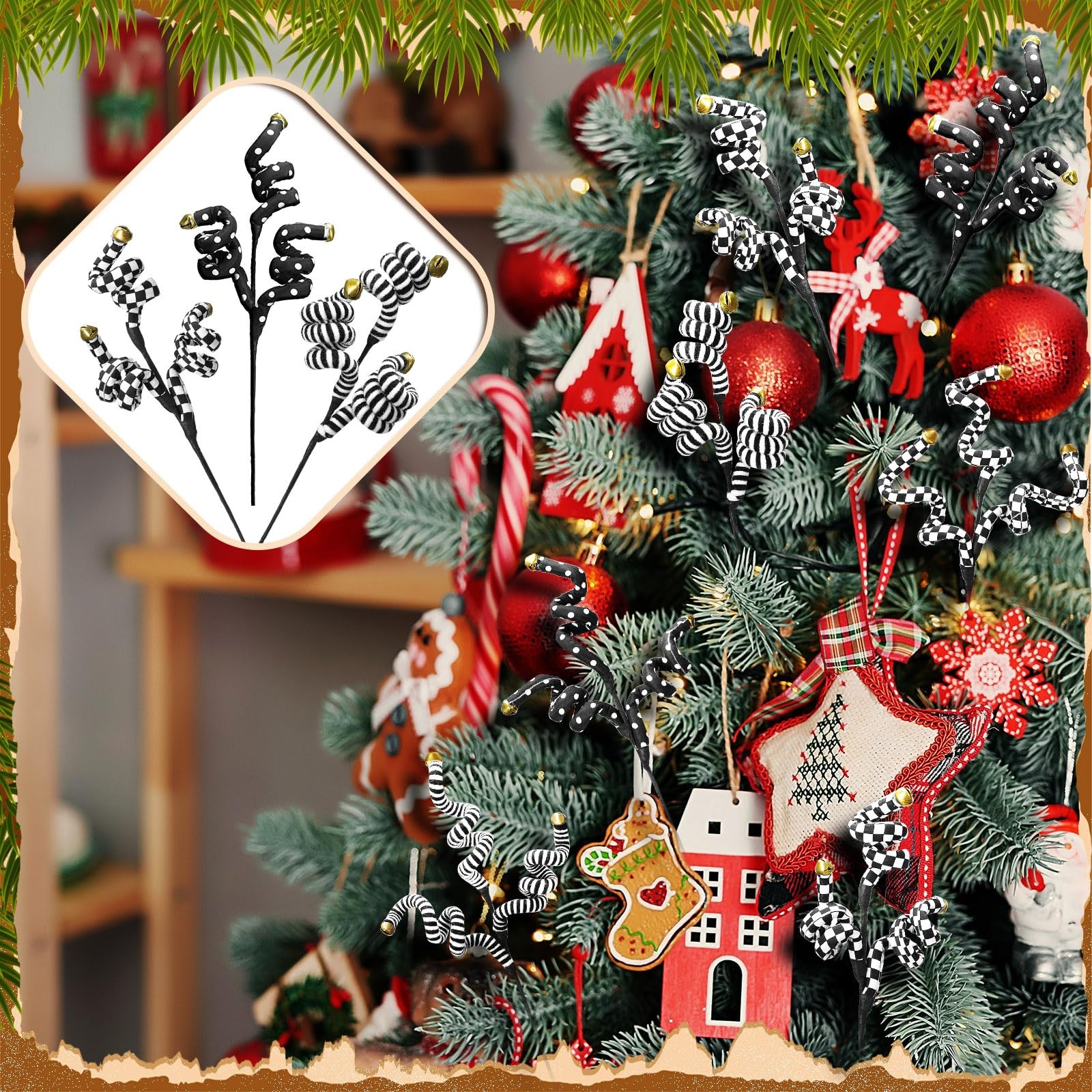 6 PCS Black, White Christmas Picks, Woolen Bells, Curly Branches, Ornament