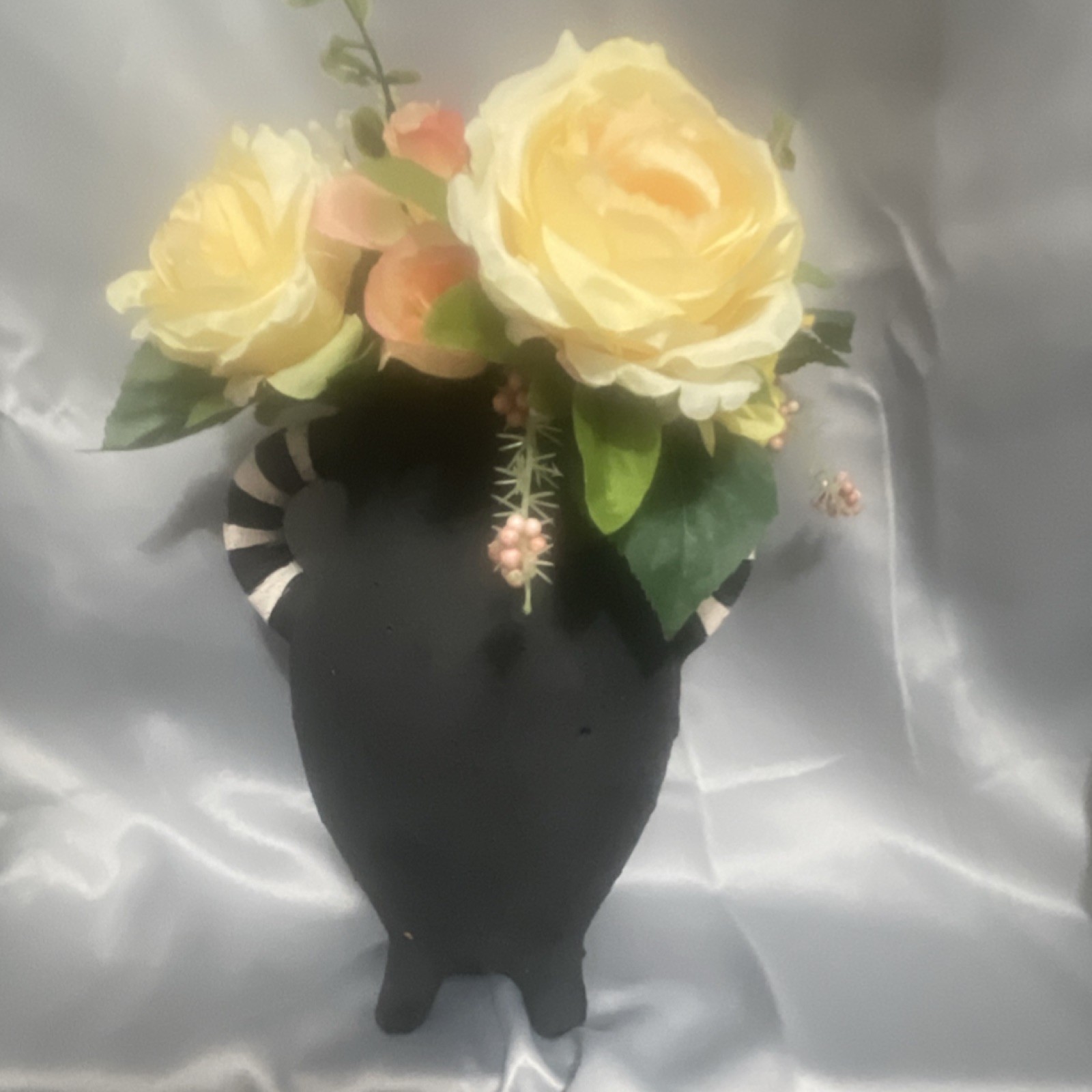 Artificial Silk Yellow Orange Rose Flower Arrangement in Black Vase