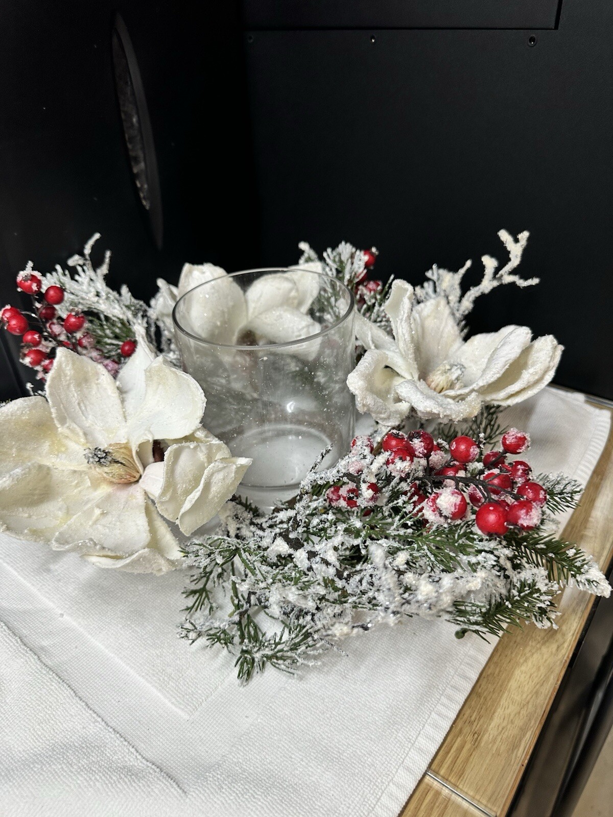 Frosted Magnolia & Red Berry Artificial Arrangement Candelabrum