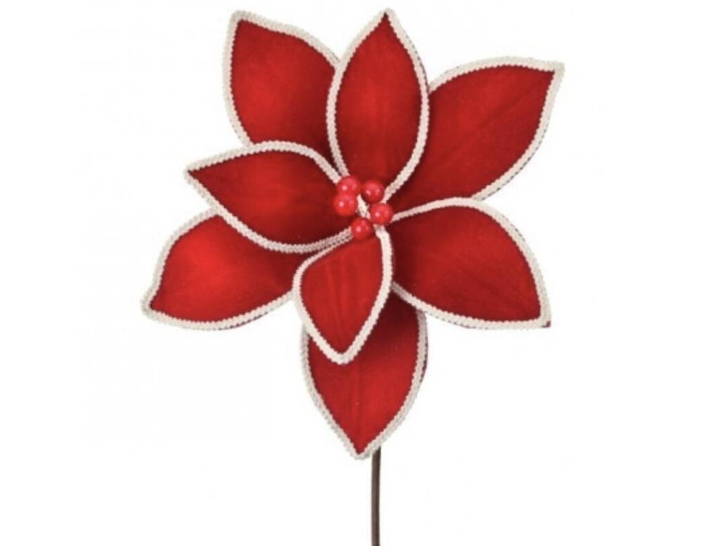 Red Velvet Natural Trim Edge Christmas Poinsettia Stem Flower Accent 24 inches