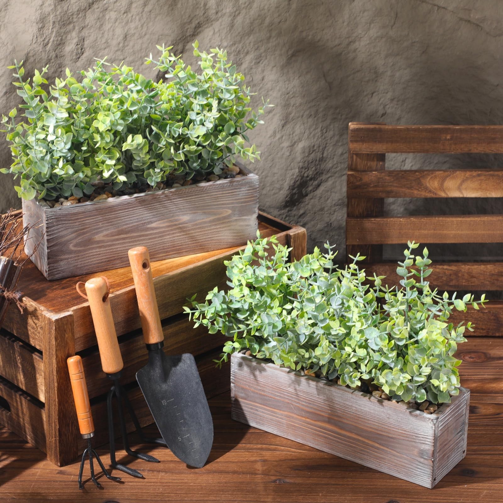 2 Pack Faux Eucalyptus Plants in Rustic Wooden Planter Box – Indoor Wedding Cent