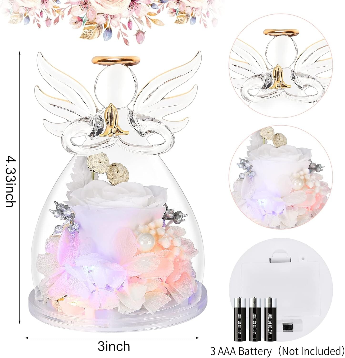 Sentimental Glass Angel Figurine with White Preserved Rose – Gift Box Included