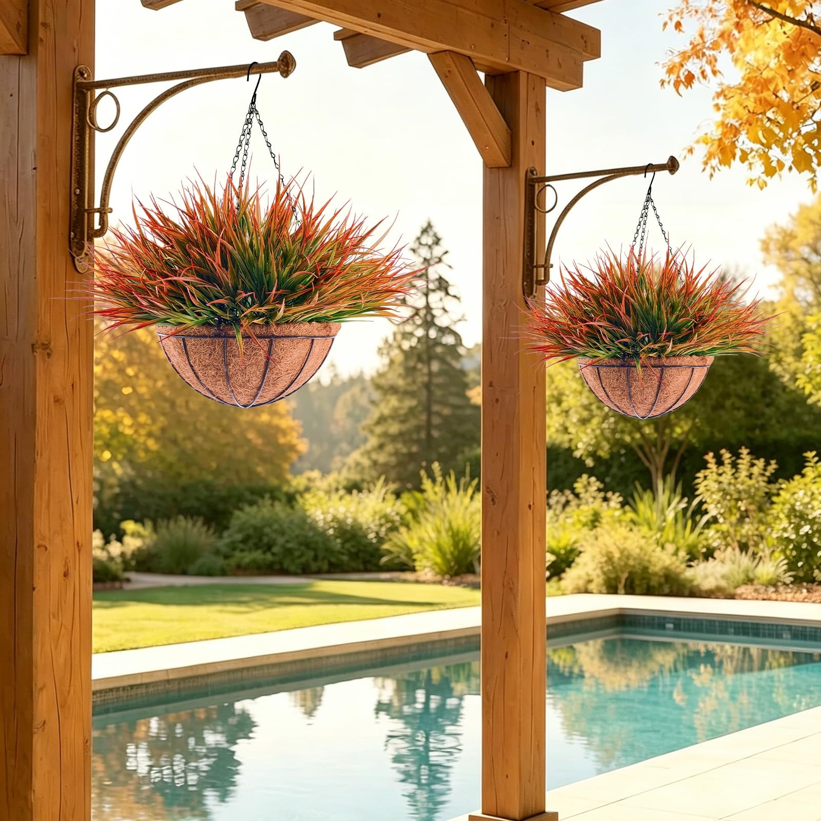 2 Set Fall Artificial Hanging Ferns Plants in Coconut Liner Baskets Outdoor