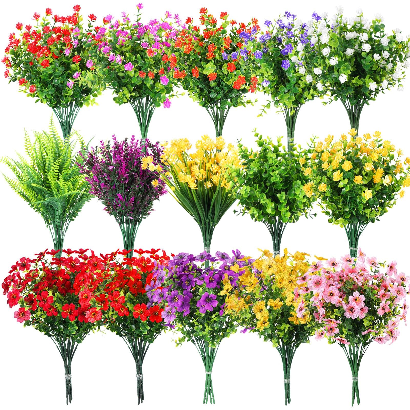 60 Bundles Outdoor Artificial Flowers Bulk: Artificial Plants 15 Styles UV Re…
