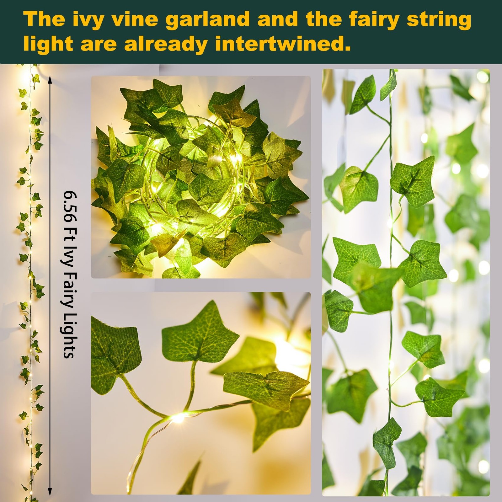 2 Pack 6.56 Ft Vines with Fairy Lights Battery Operated, 40 LEDs Artificial G…