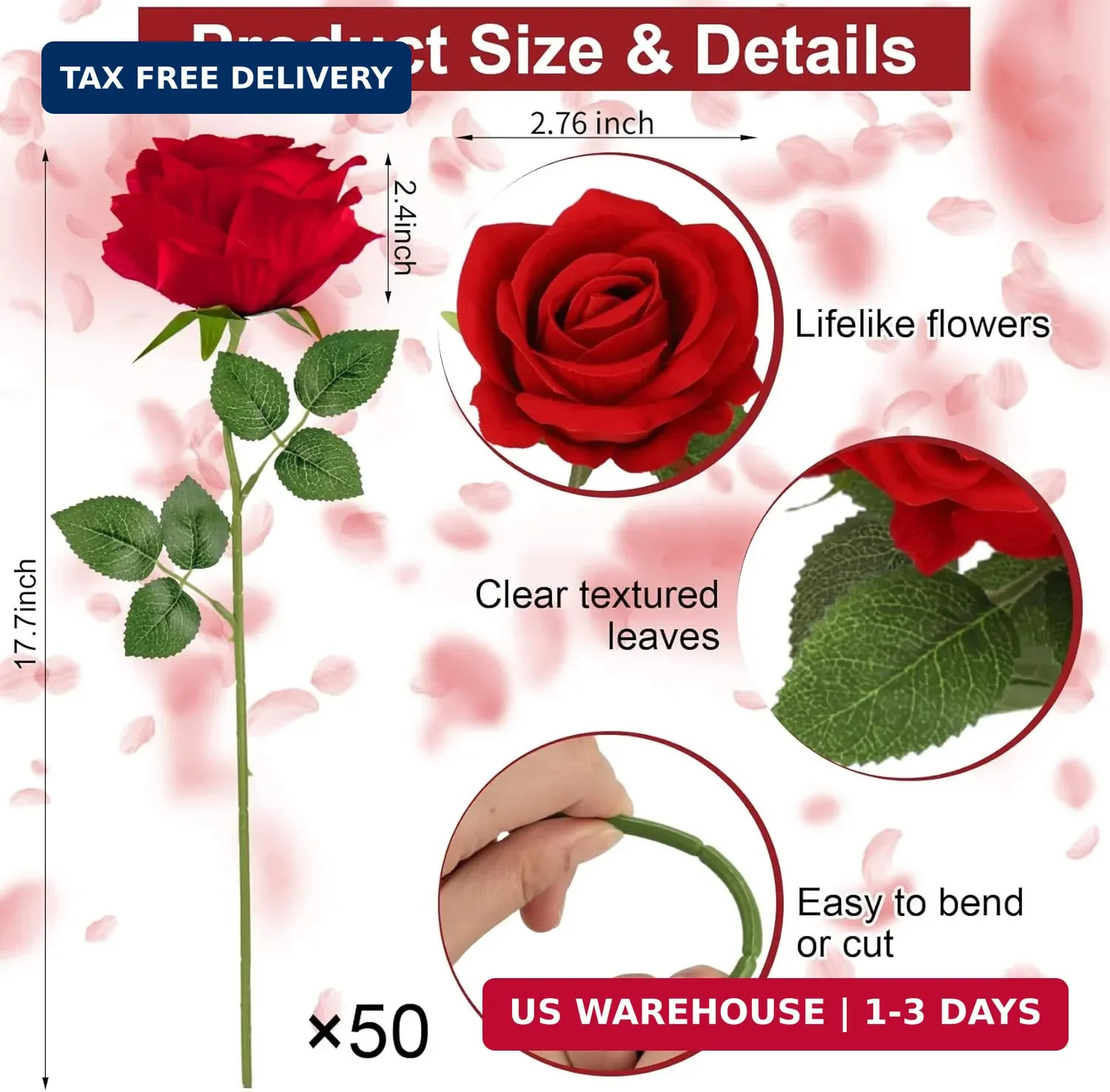 Ouddy Decor 50 Pcs Fake Red Roses Artificial Flowers Bulk Real Touch Velvet Silk