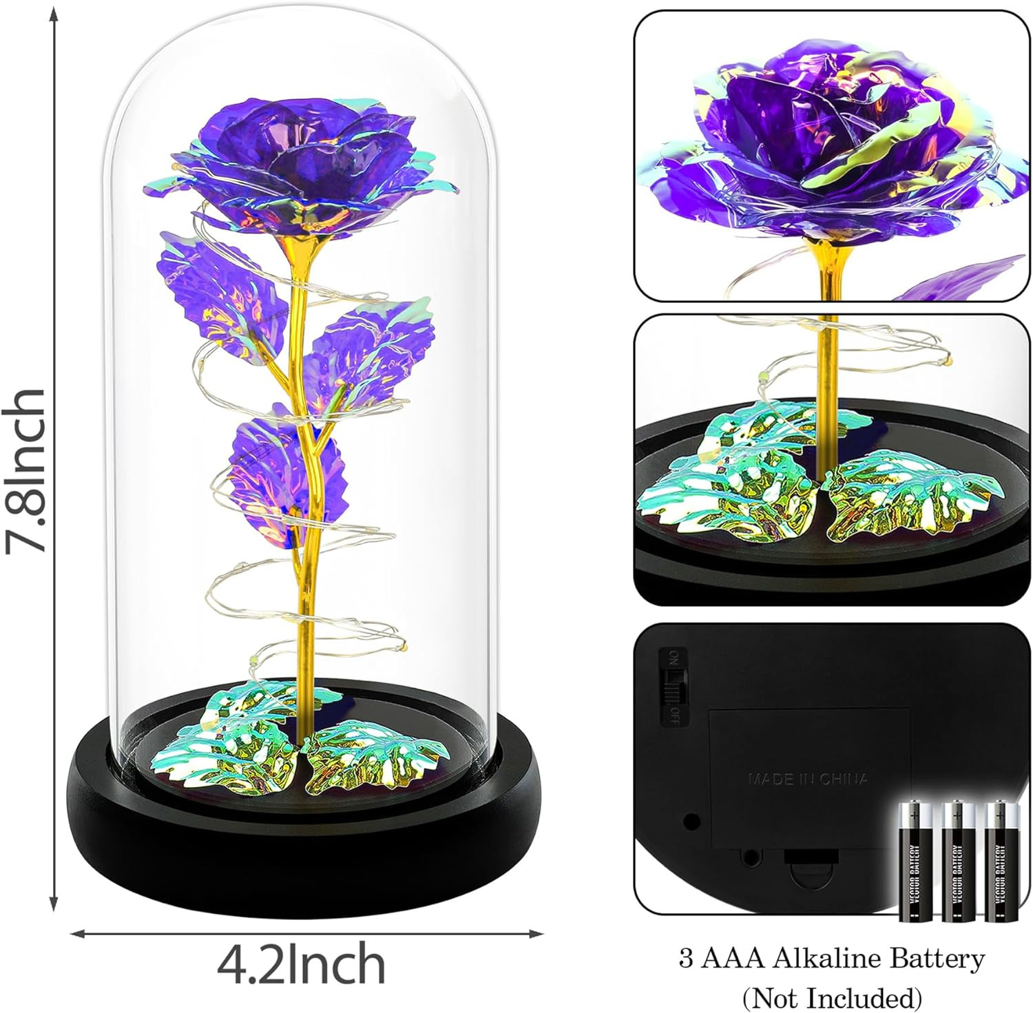 LED Purple Rose Glass Dome Gift for Her Birthday Anniversary Decor Light