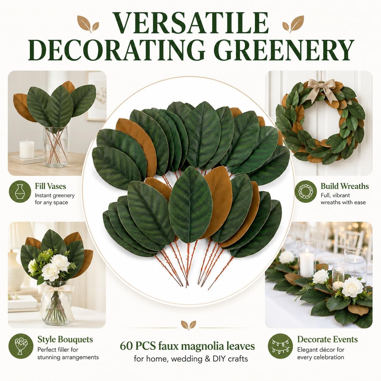 60 Pcs Artificial Magnolia Leaves Magnolias Stems Fake Flower Bouquet Fake Gr…