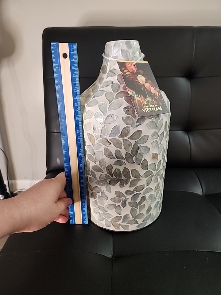Handcrafted Textured Ceramic Vase Leaf Design Vietnam 12” Decorative Art
