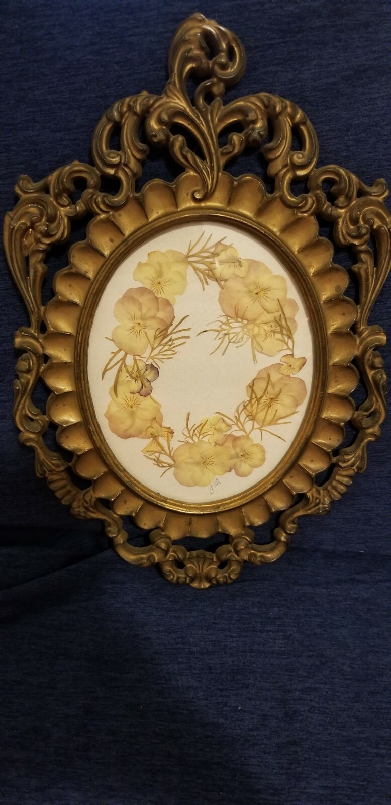 Pressed Flower Pansy Arrangement Ornate Framed Wall Hanging