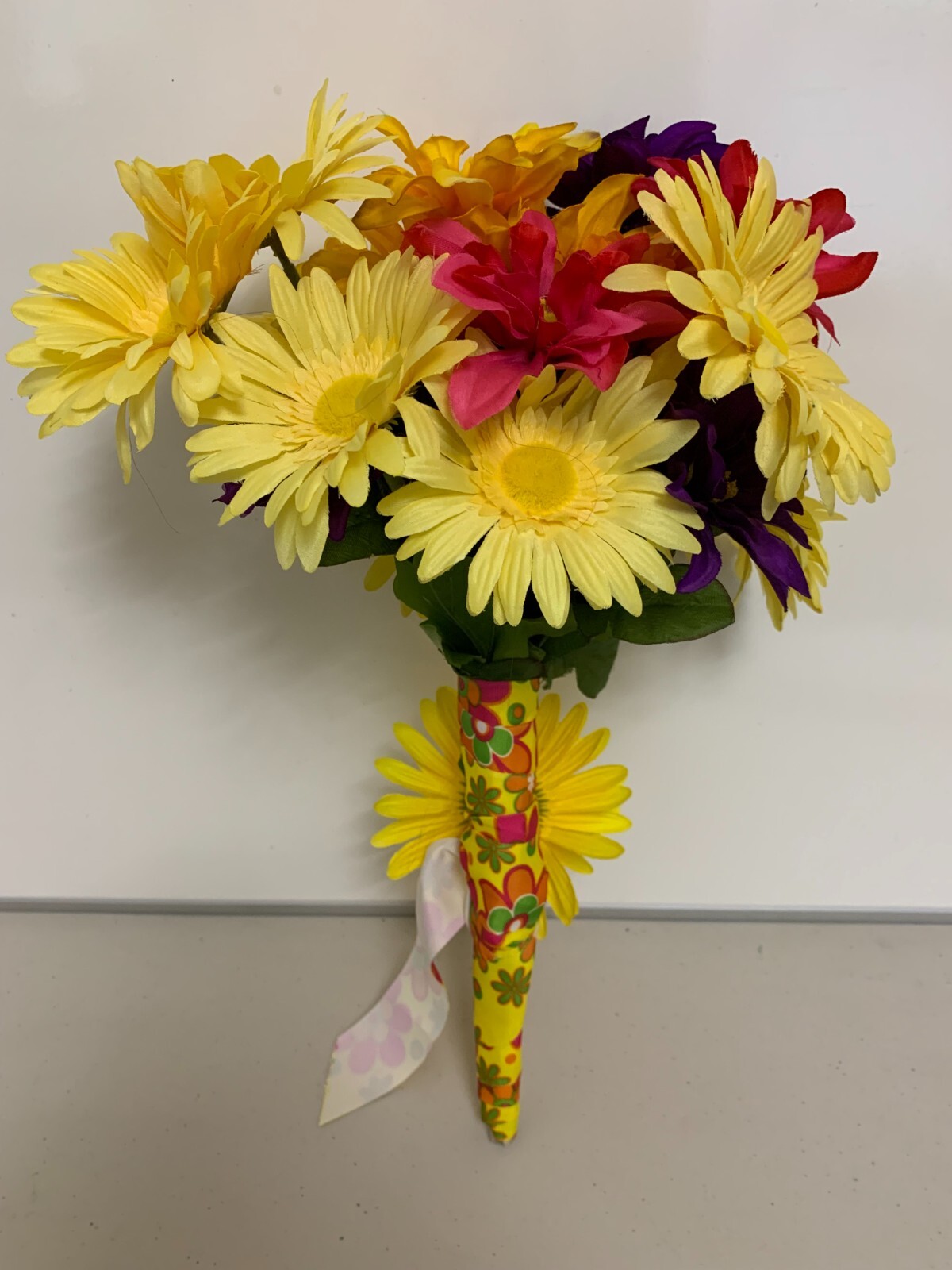 HAND MADE FLORAL DAISY BOUQUET – YELLOW PINK & PURPLE FLOWERS