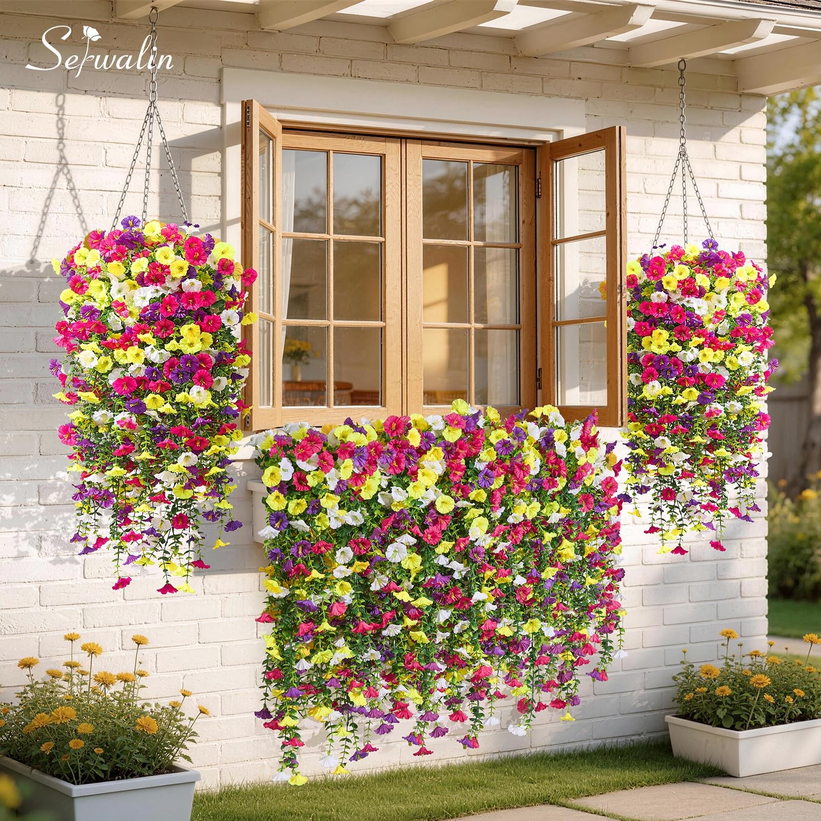 Serwalin Artificial Hanging Flowers for Outdoors UV Resistant, 4PCS Faux Morn…