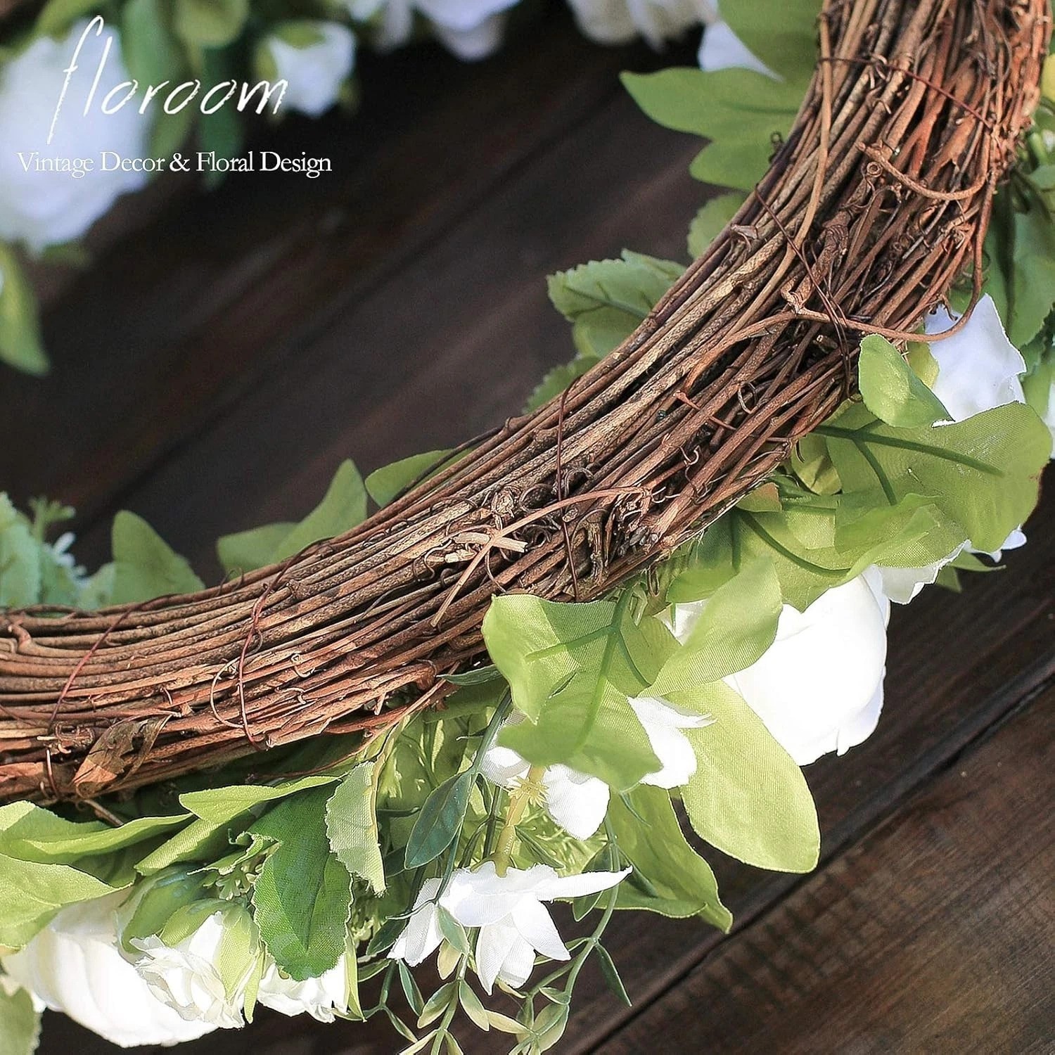 Artificial 20-Inch White Peony Hydrangea Wreath for Front Door Wall Decor