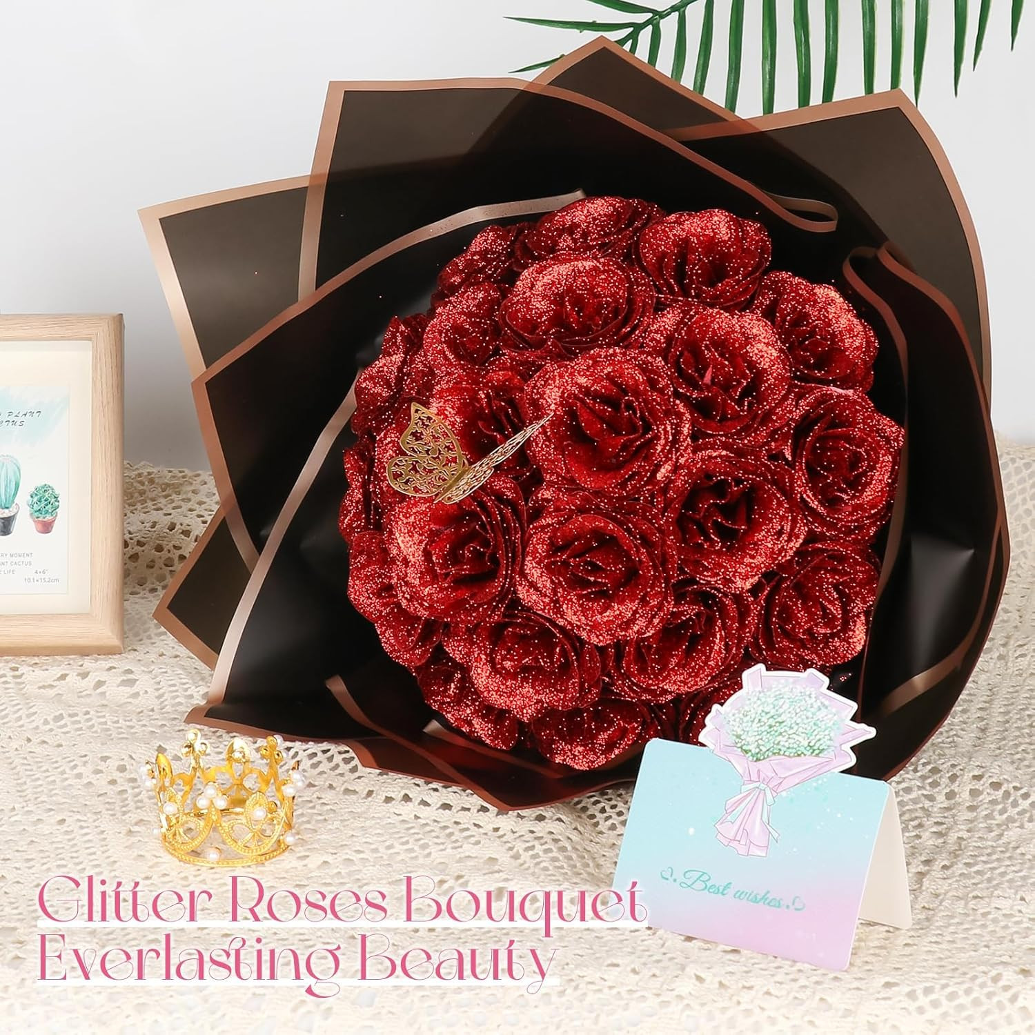 Glitter Roses Bouquet, 24 Roses DIY Fake Glitter Flowers Bouquet, Everlasting…