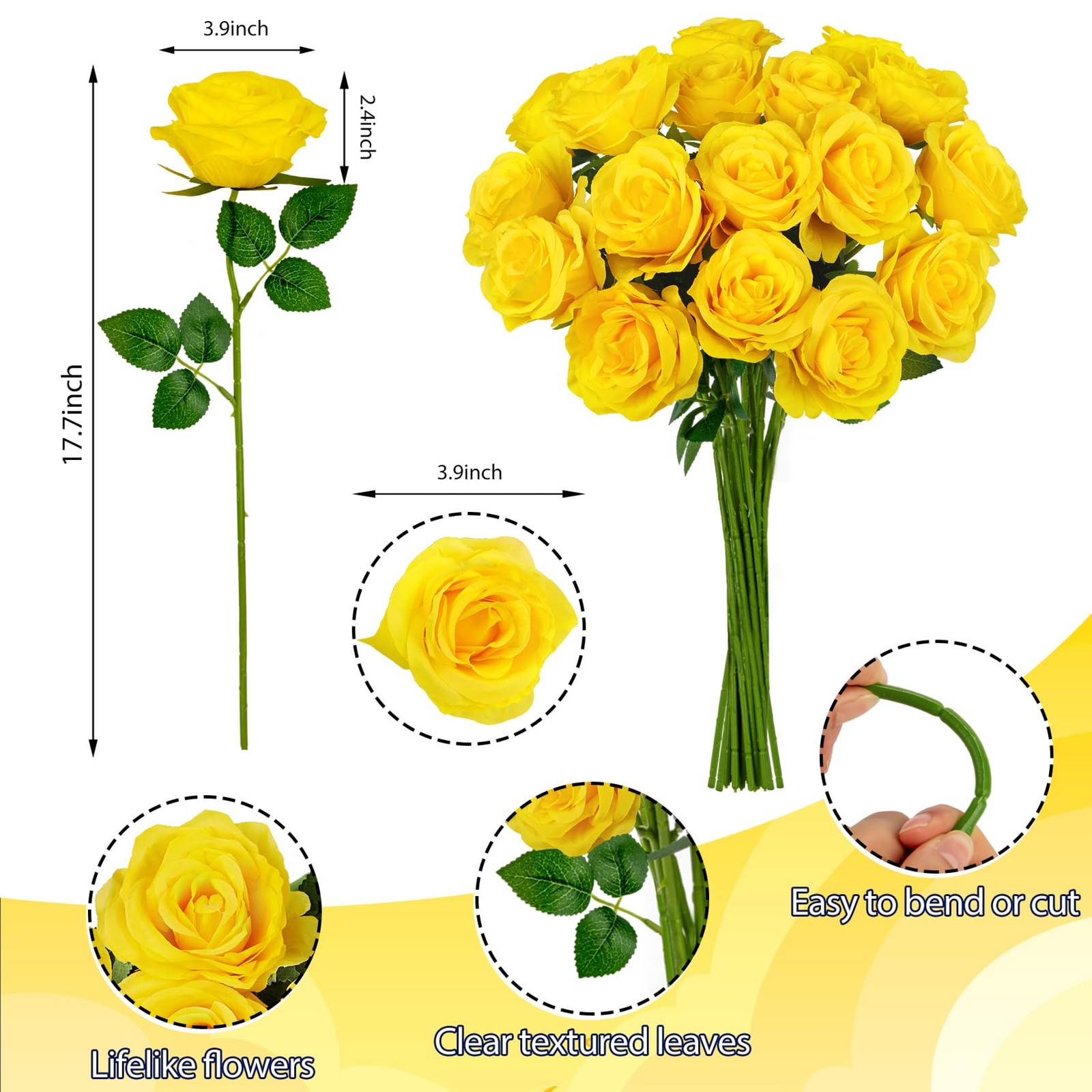 Ouddy Decor 20 Pcs Fake Yellow Roses Artificial Silk Flowers with Long Stems …