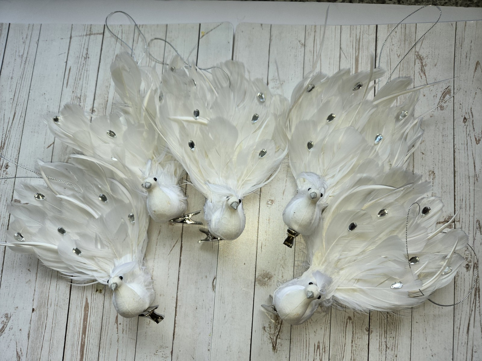 5~Artificial White Peacock Bird Glitter Gems Feather Decoration Hang or Clip-On