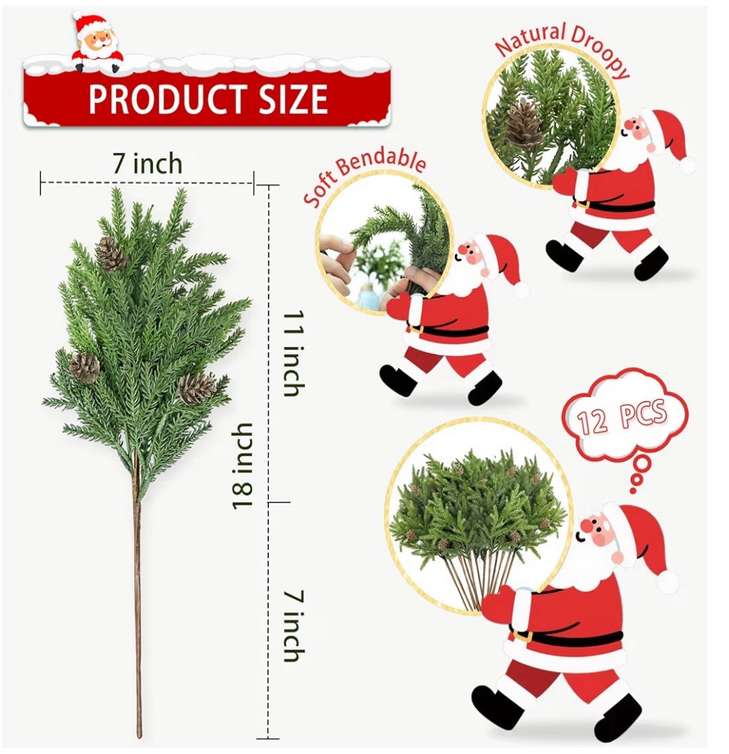 12pc Realistic Pine Branches Pinecones Christmas Greenery Decor Soft Bendable