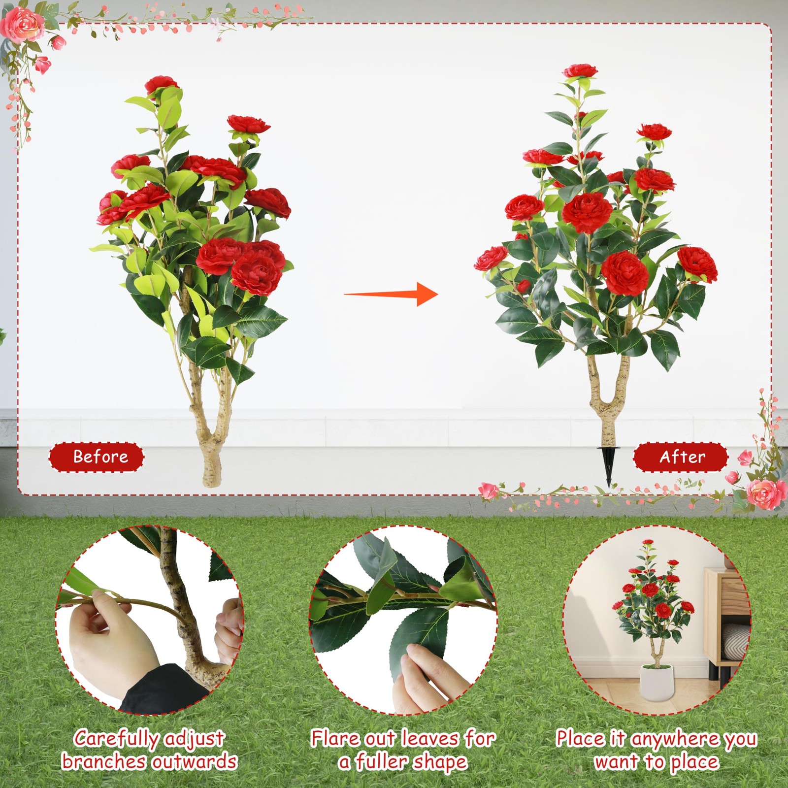 Sunnyglade 2 Packs 35.5″ Artificial Camellia Tree, Faux Red Camellia Flowers …