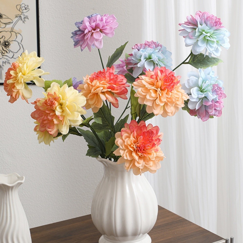 3-Head Silk Dahlia Stems 64cm Flexible Wire Core for Craft and Wedding Decor