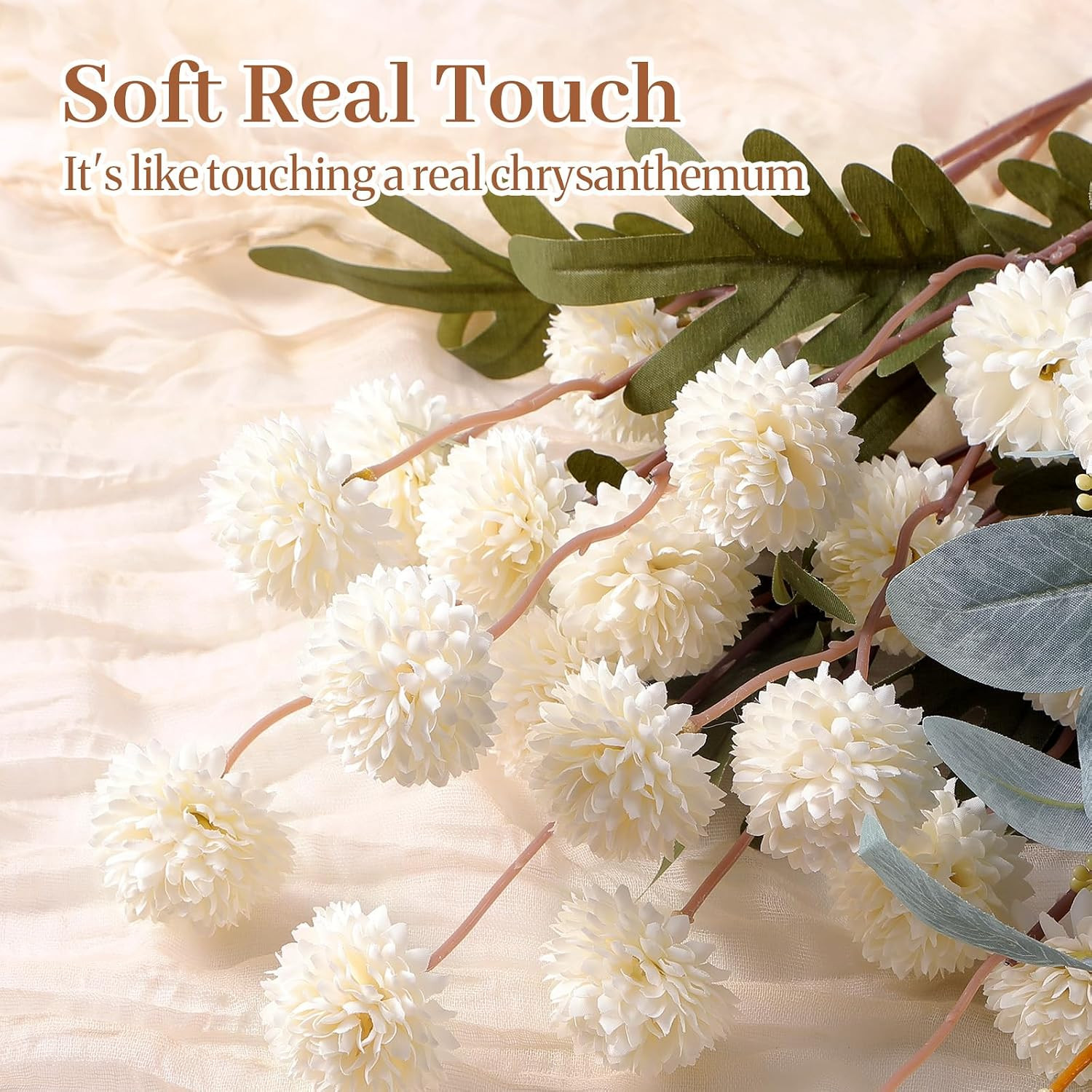 16PCS Faux Silk Pompon Mums Artificial Flowers with Eucalyptus, Fake Chrysanthem