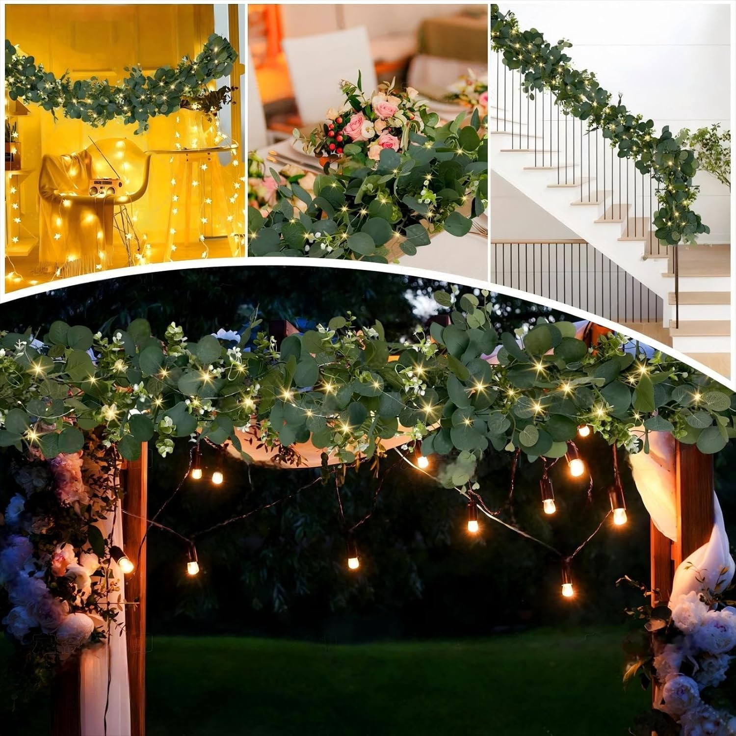 Eucalyptus Garland with Lights, 2 Packs 6FT Green Flower Garland Decor, Artifici