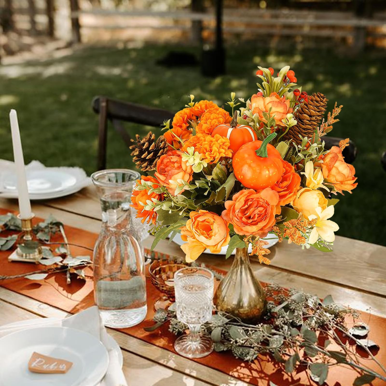 Artificial Fall Flowers Orange Roses Pumpkin Bouquet 10 PCS Set