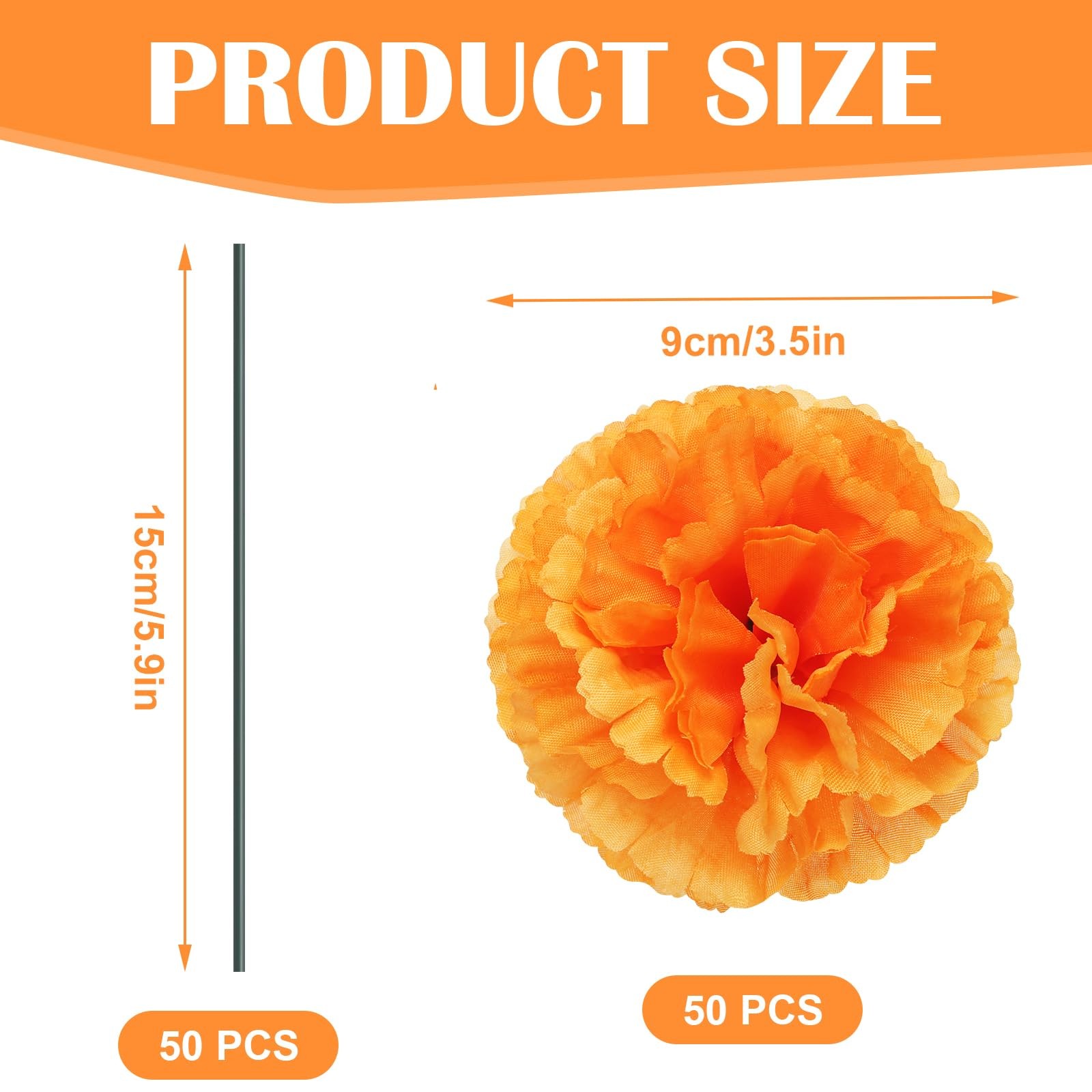 50Pcs 3.5”Marigold Flowers Artificial Silk Marigold Flowers with Stems Orang…