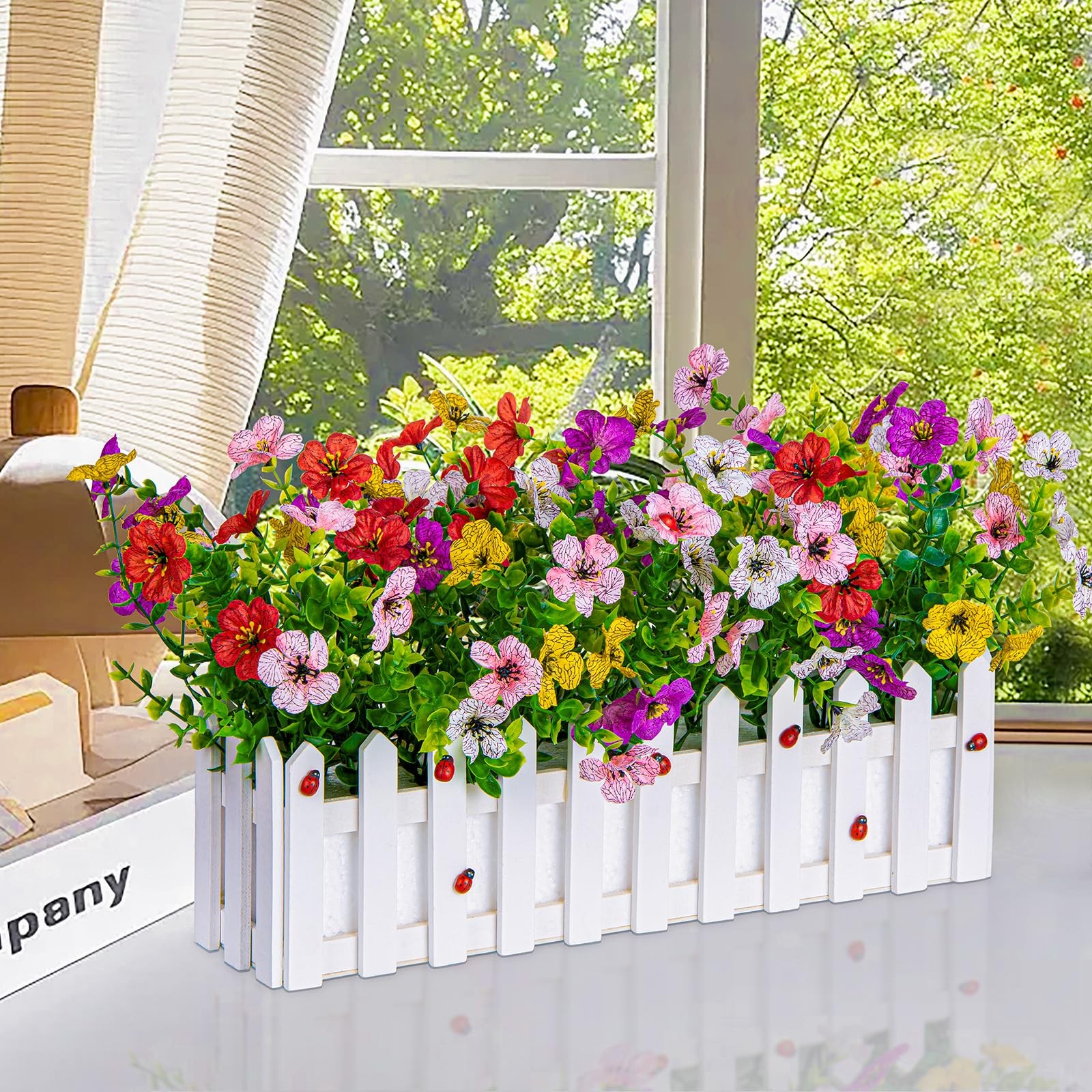 Artificial Colorful Flowers Plants in Picket Fence Pot, Fake Silk Flowers Euc…