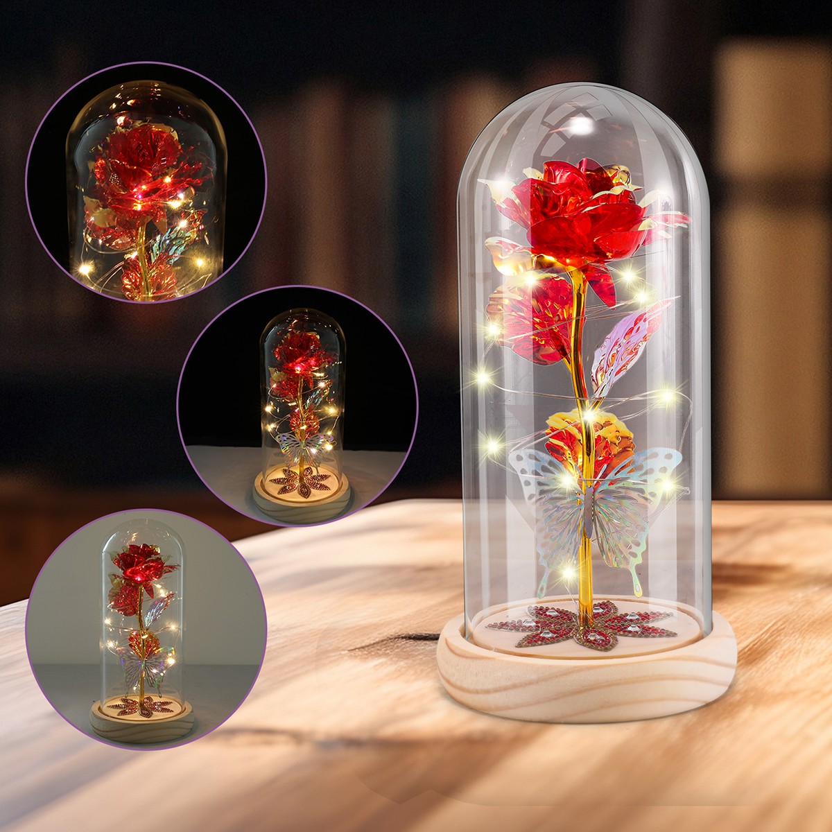 Glass Rose in Glass Dome, Light up Flower, Eternal Roses Christmas Birthday Gift